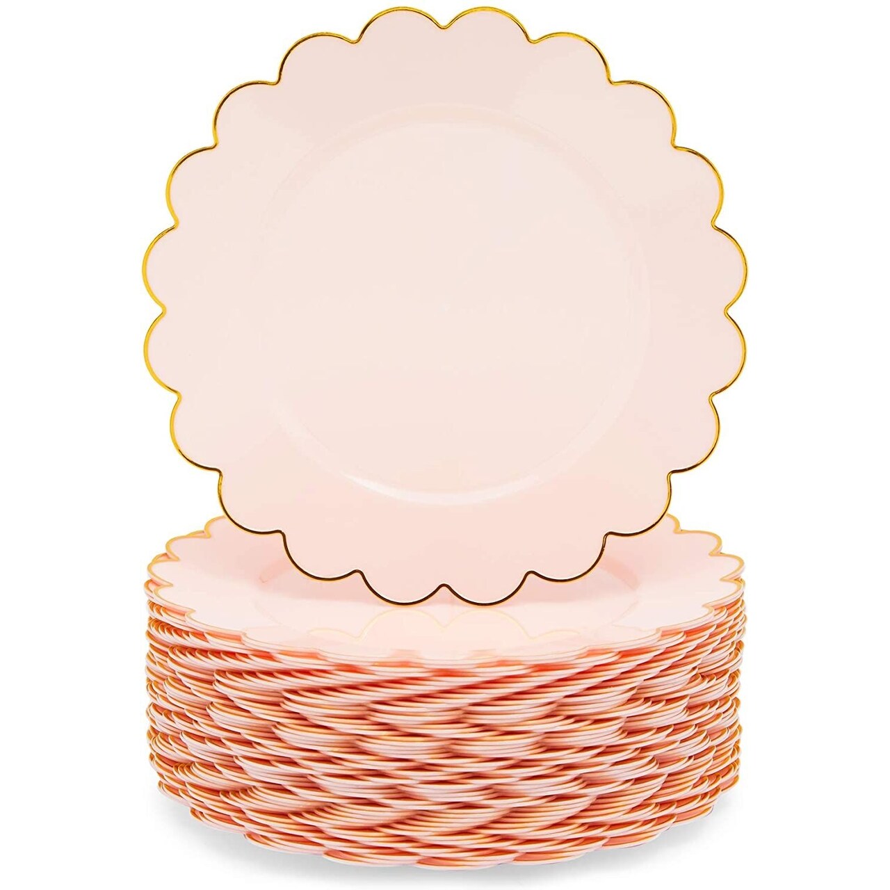 50 Pack Pink and Gold Plastic Plates, 9 Inch Scalloped Plates with Gold Rim for Birthday Party, Baby Shower